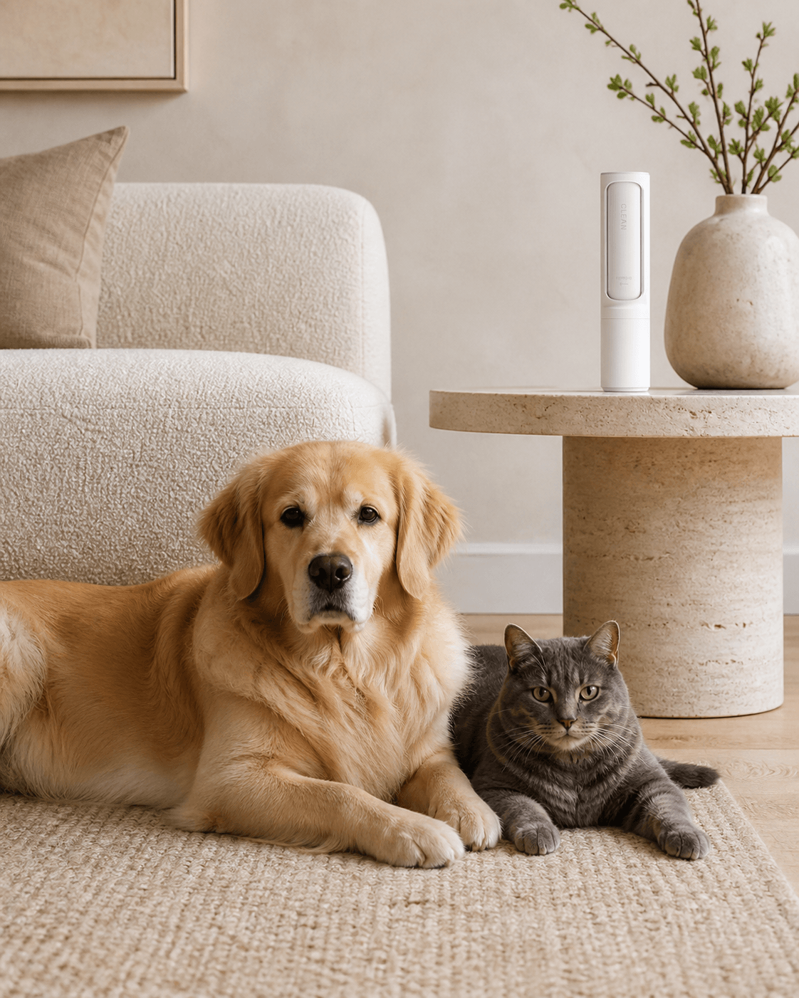 A calm dog and cat in a cream living room beside the FurLift roller